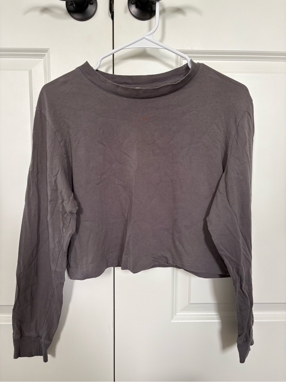 Cropped Long-Sleeve Crewneck Top - Gray